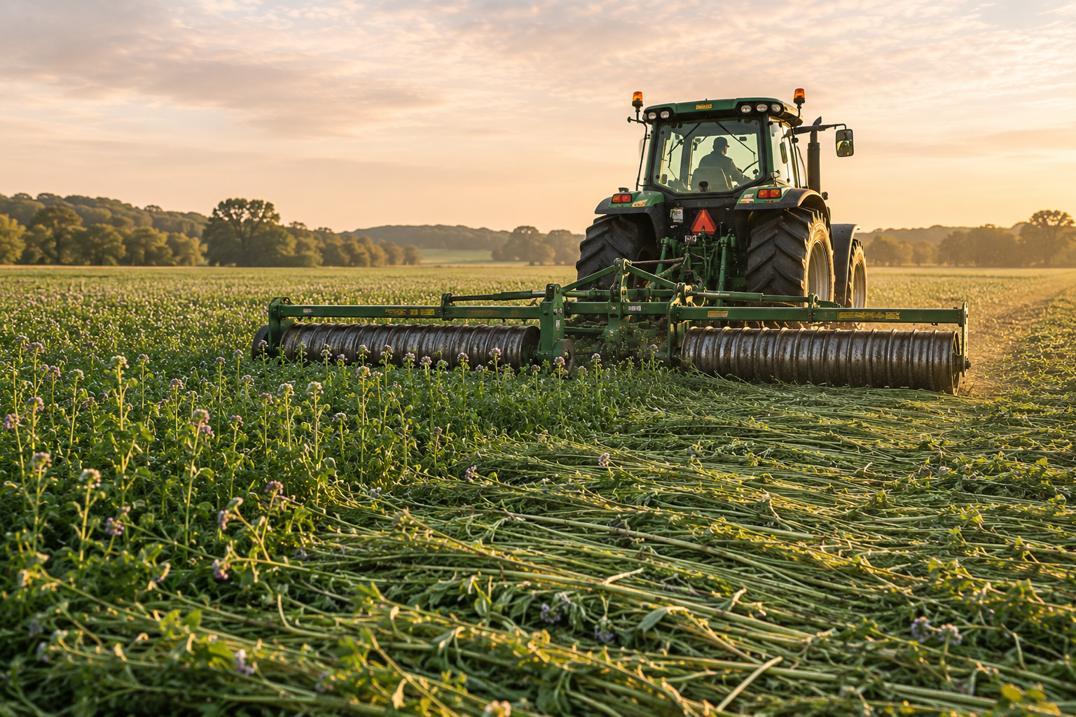 Tractor pulling a roller-crimper through a mature cover crop field, flattening vegetation to create mulch for no-till planting and regenerative soil management.