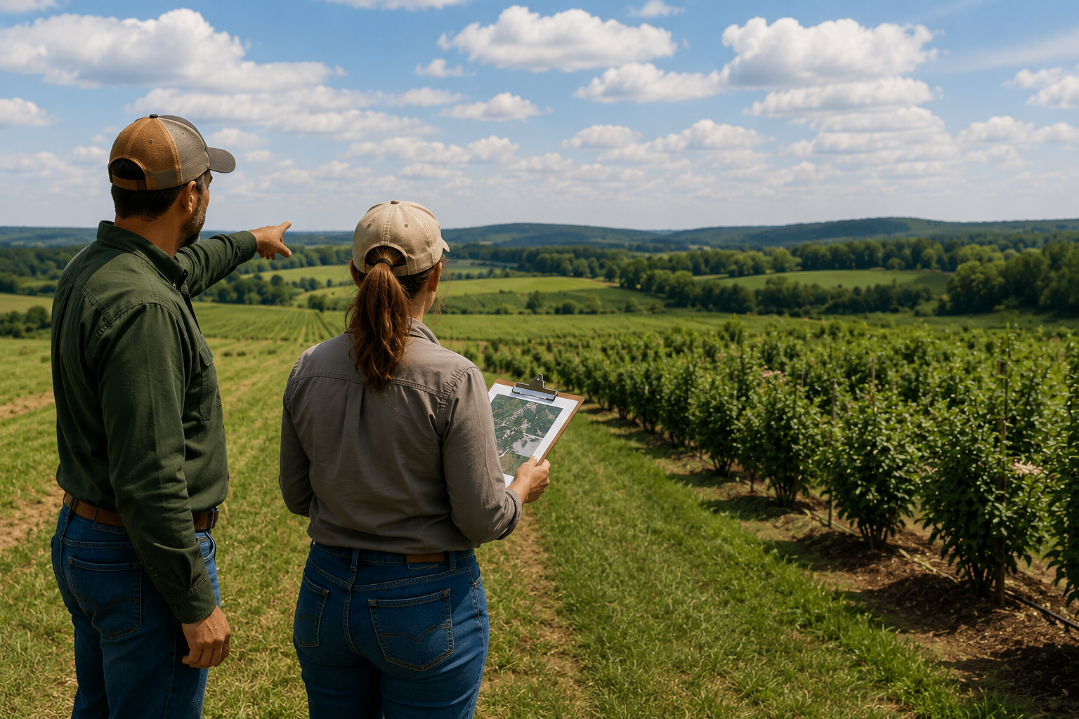 Farmers conducting an elderberry site evaluation to assess soil, drainage, sunlight exposure, and field suitability before planting.