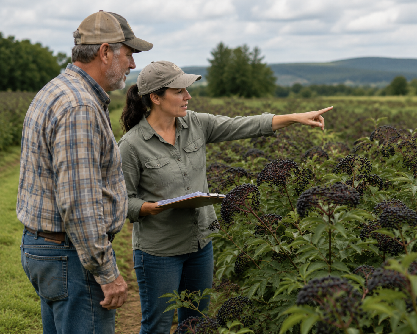 Farmer consultation in an elderberry field for irrigation planning and crop management.