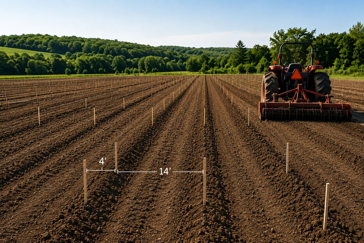 Prepared field for American elderberry orchard establishment showing marked planting rows, staking layout, and equipment-ready spacing before planting