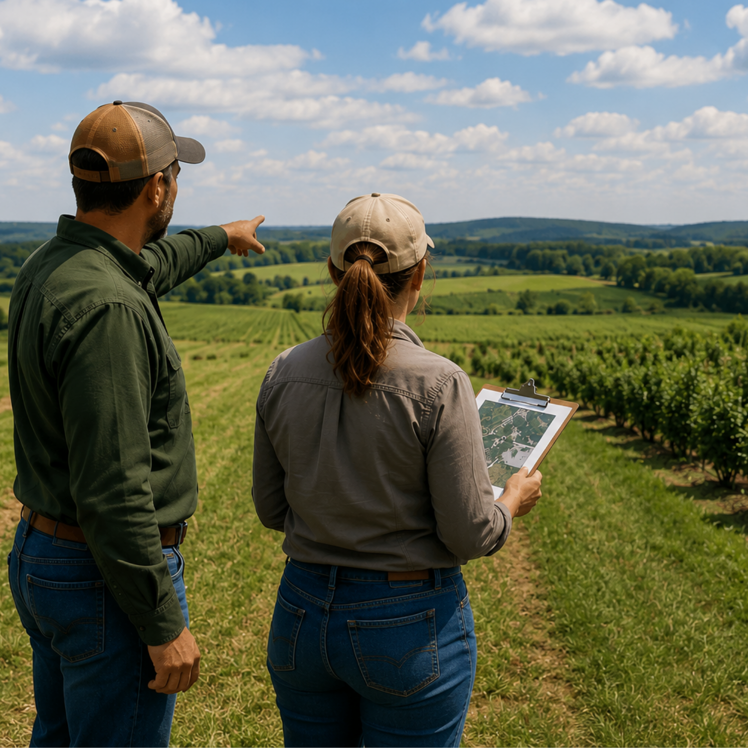 Grower and consultant assessing a potential American elderberry planting site while reviewing field conditions, terrain, and orchard layout opportunities.