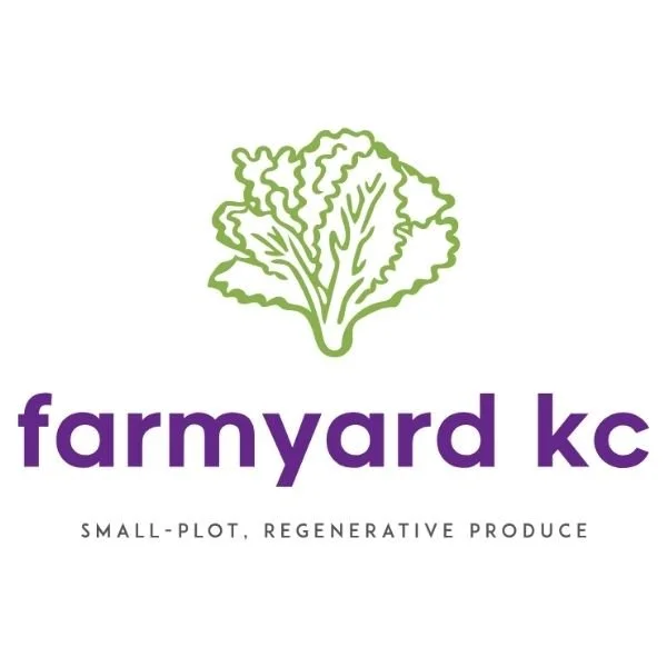 Farmyard KC logo featuring a green leafy vegetable illustration above purple text reading ‘farmyard kc’ with the tagline ‘small-plot regenerative produce.’