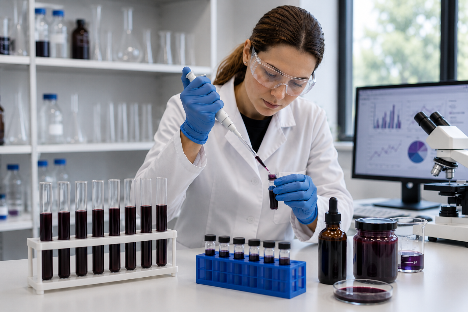 Scientist analyzes elderberry samples in a laboratory, supporting research, product development, and innovation that help advance the American elderberry industry.