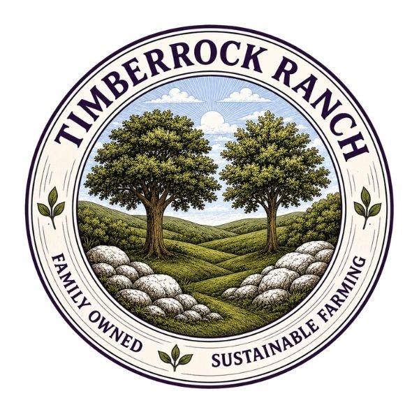 TimberRock Ranch logo featuring two mature oak trees in a rolling pasture landscape with stone-lined foreground, framed by a circular emblem and the text 'Family Owned Sustainable Farming'