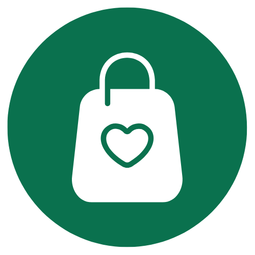 Icon of a shopping bag with a heart on the front, inside a green circle