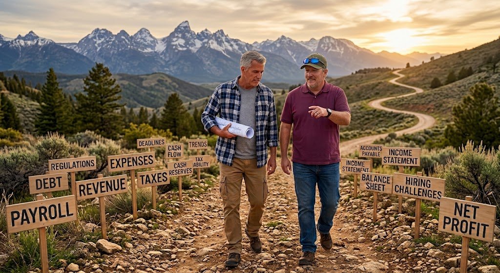 Two men walking on a mountain trail with signs related to financial and accounting terms, with mountains and a sunset in the background.