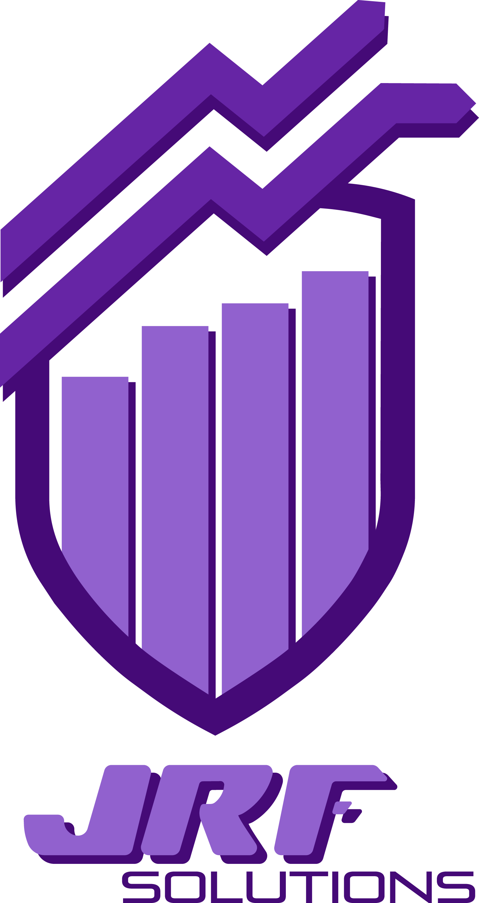 Logo for JRF Solutions featuring a purple shield with upward trending bar and line graphs.