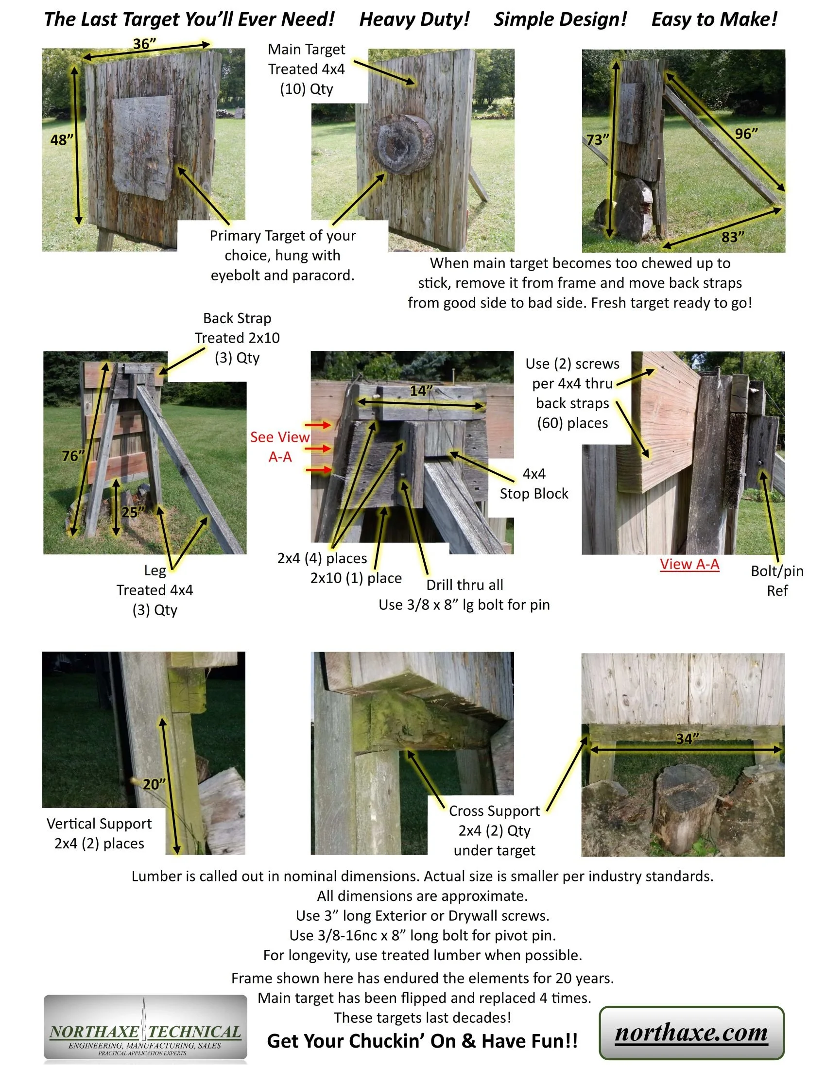 A detailed diagram and instructions for building a heavy-duty outdoor target system for shooting practice. It includes measurements, materials, and assembly steps, with images of the wooden structure and components.