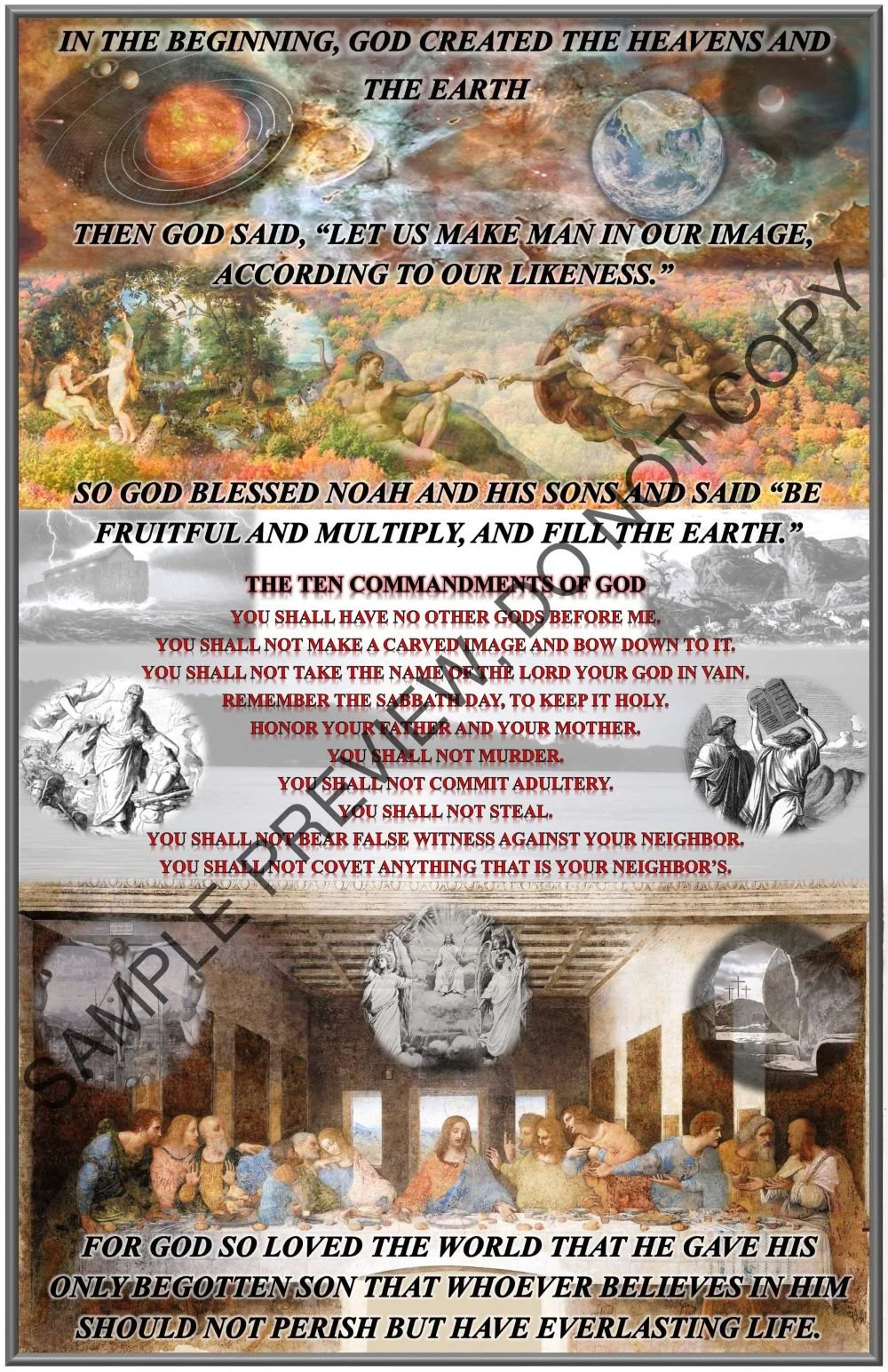 Word of the Creator, beautiful display featuring The Creation, The Ten Commandments, The Last Supper, and more.