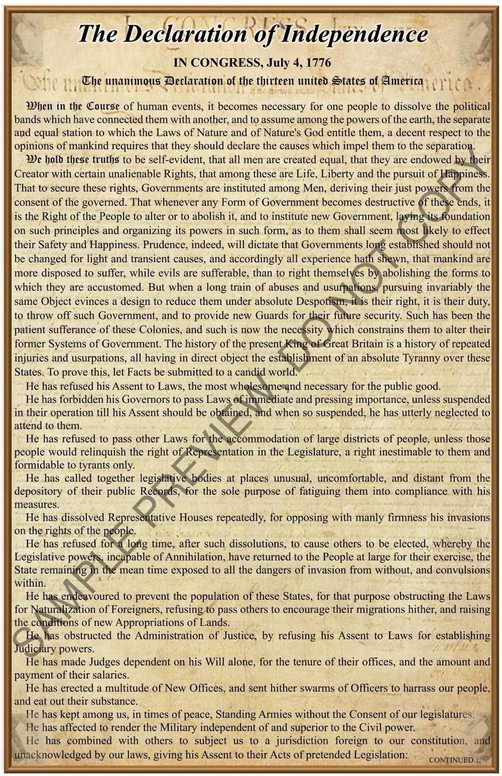 The Declaration of Independence, bold display declaring the founding principles of Freedom, Liberty, Justice, and Rule of Law. Authentic look and word for word just as the founders intended. American history written by the original Patriots.