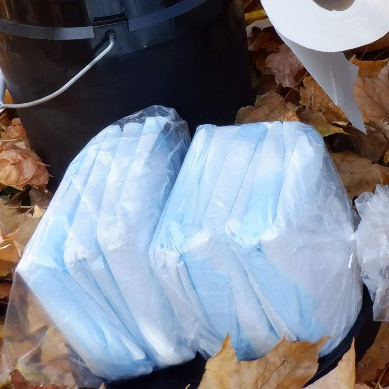 Two packages of disposable adult diapers on fallen autumn leaves.