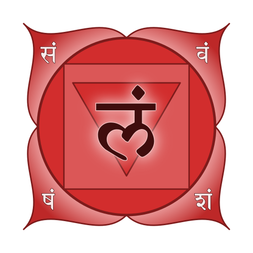 Hindu-Symbol auf rotem Hintergrund mit Sanskrit-Schriftateilchen rundherum.