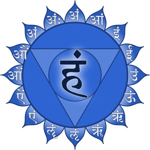 Symbol des Om-Mantras, umgeben von blauschwarzen Flammen mit dem Om-Schriftzug in verschiedenen indischen Sprachen.