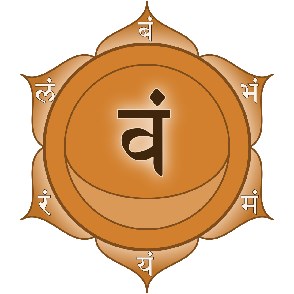 Ein buddhistisches Symbol mit einem großen Sanskrit-Charakter in der Mitte, umgeben von weiteren Sanskrit-Schriftzeichen auf einem braunen Hintergrund.