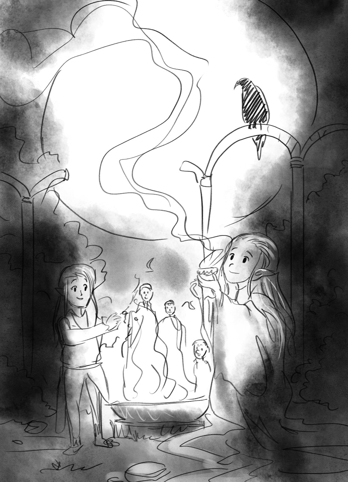 Ein Mädchen mit Elf-Ohren, das an einer Feuerstelle sitzt und raucht. Im Hintergrund gibt es weitere Personen, die um das Feuer herumstehen. Das Bild ist schwarz-weiß und in einem Skizzenstil gehalten.