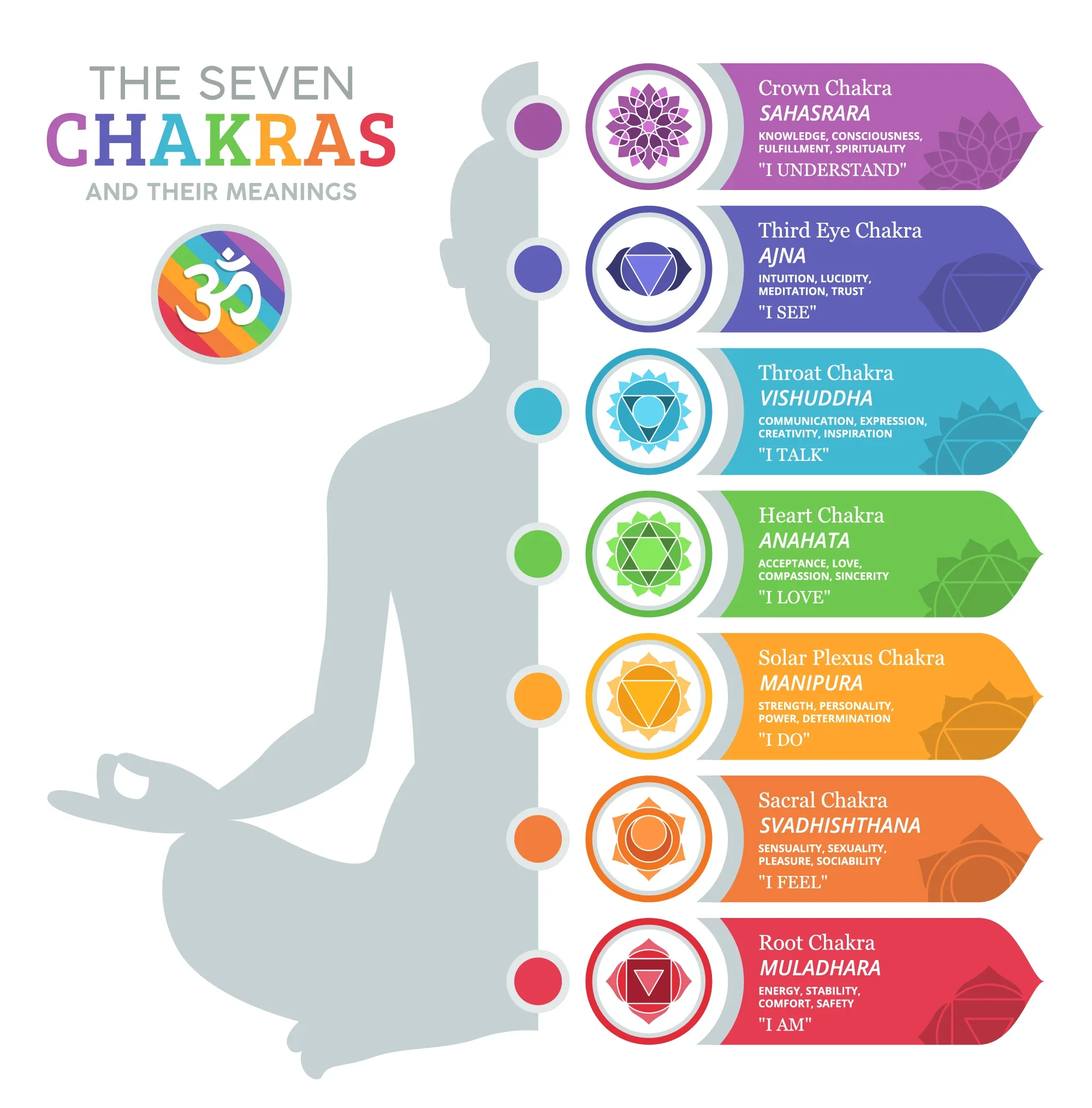 Siluette eines menschlichen Kopfes mit den sieben Chakras, die farblich gekennzeichnet sind: Kronenchakra violett, Drittes Auge blau, Halschakra türkis, Herzchakra grün, Solarplexuschakra orange, Sakralchakra gelb, Wurzelchakra rot.
