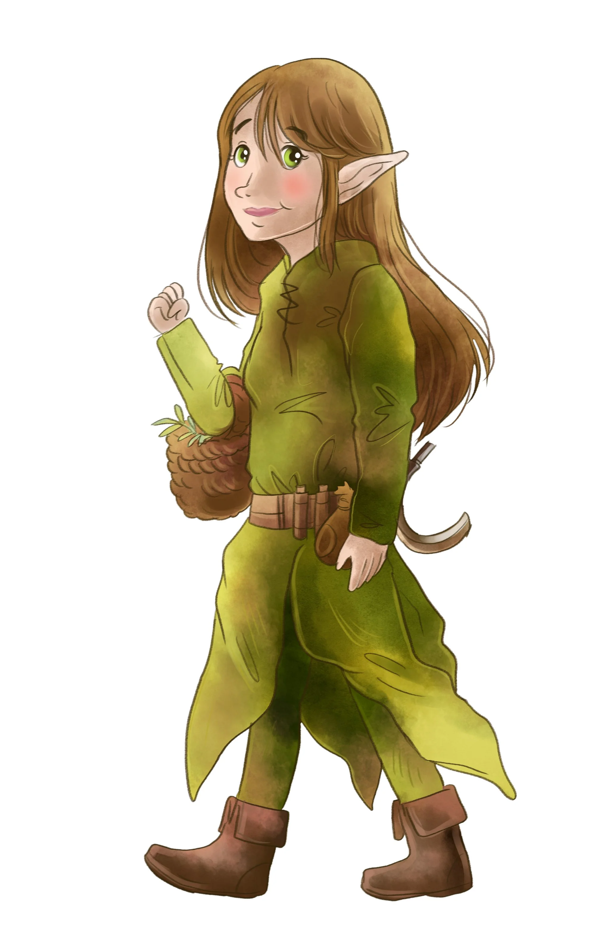 Illustration eines Elfenmädchens in grüner Kleidung, mit langen braunen Haaren, grünen Augen, spitzen Ohren und braunen Stiefeln, in einer gehockten Haltung.