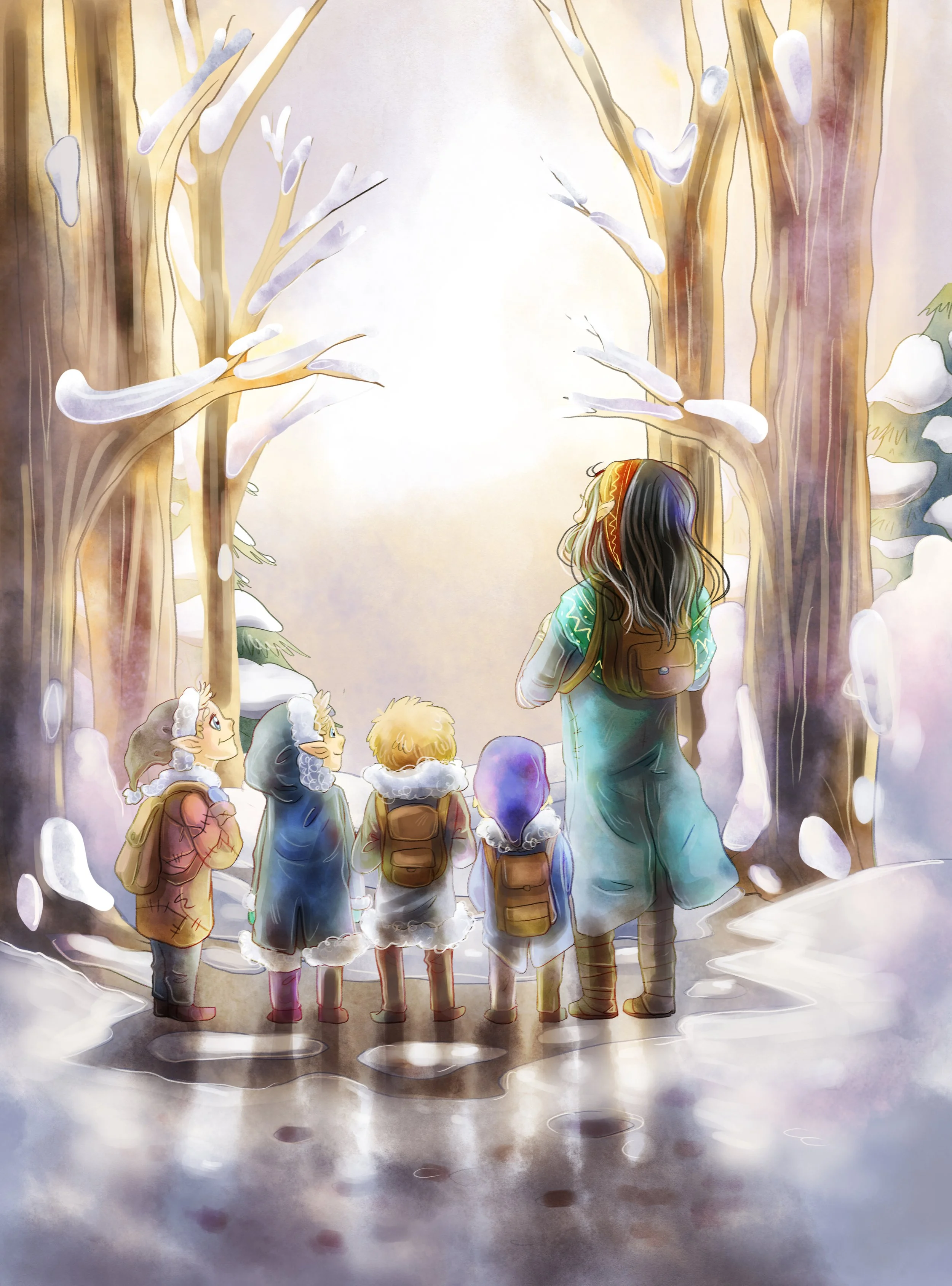 Eine Gruppe von Abenteurern, darunter ein Zwerg, ein Elf, eine Halblingfamilie und ein Mensch, steht in einem verschneiten, bewaldeten Gebiet und blickt in den Himmel, während die Sonne durch die Bäume scheint.