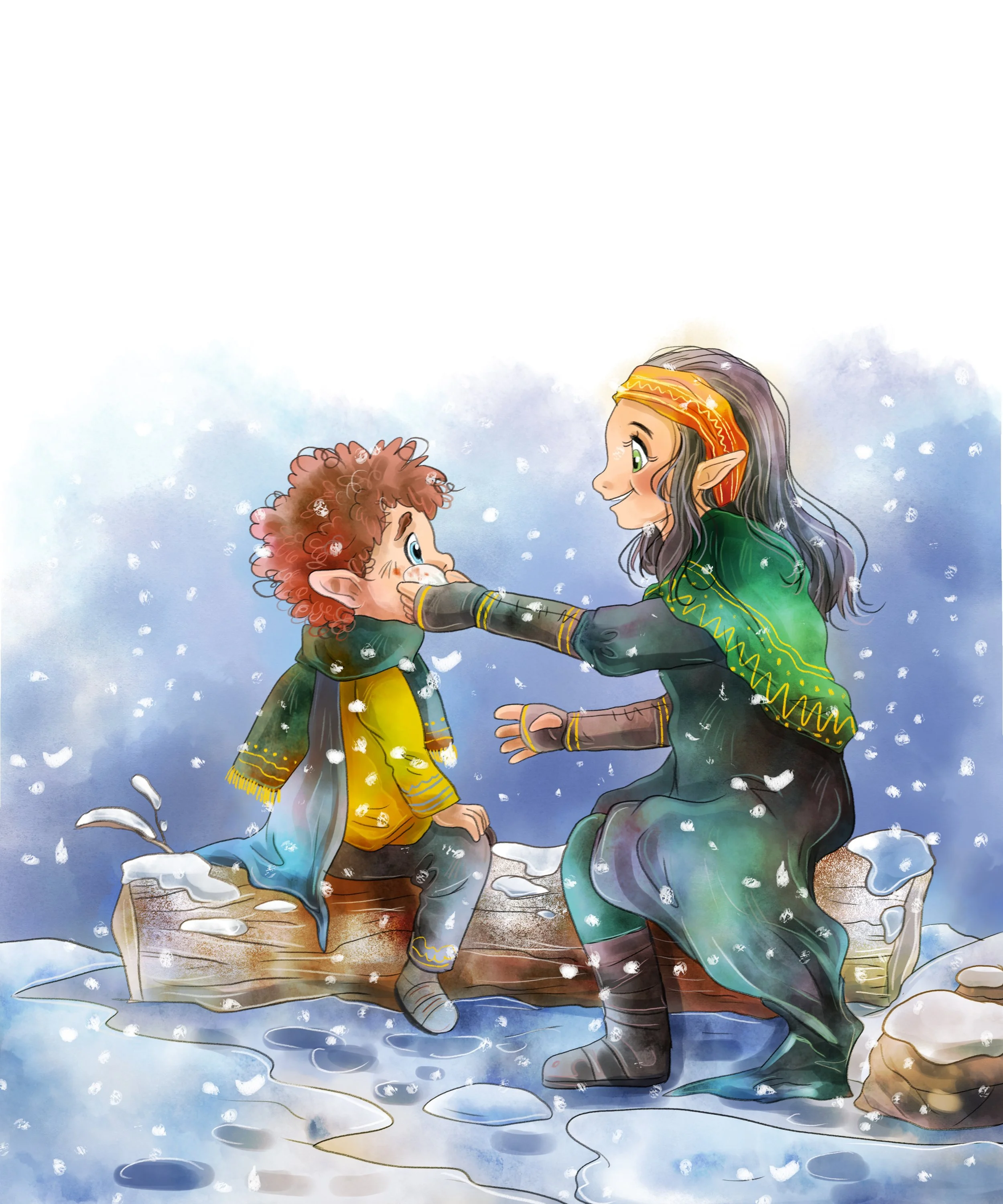 Ein Mädchen mit spitzen Ohren, dunklem Haar und einem orangefarbenen Stirnband hilft einem Jungen mit lockigem, roten Haar und Fleck auf der Wange beim Schneeschaufeln draußen im Schnee an einem Wintertag.