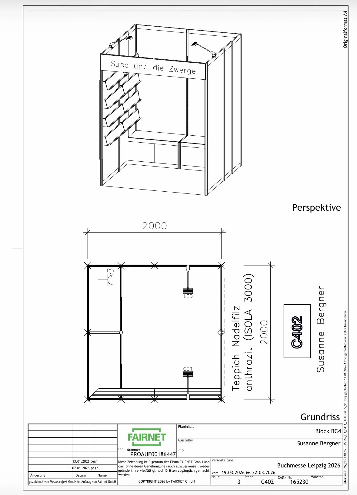 Technischer Plan eines abstrahierten begehbaren Mini-Zeittabars mit Holzrahmen, Wandpaneelen, LED-Beleuchtung und Sitzbank, mit den Maßen 2000x2000 mm, bezeichnet als 'Susa und die Zwerge'.