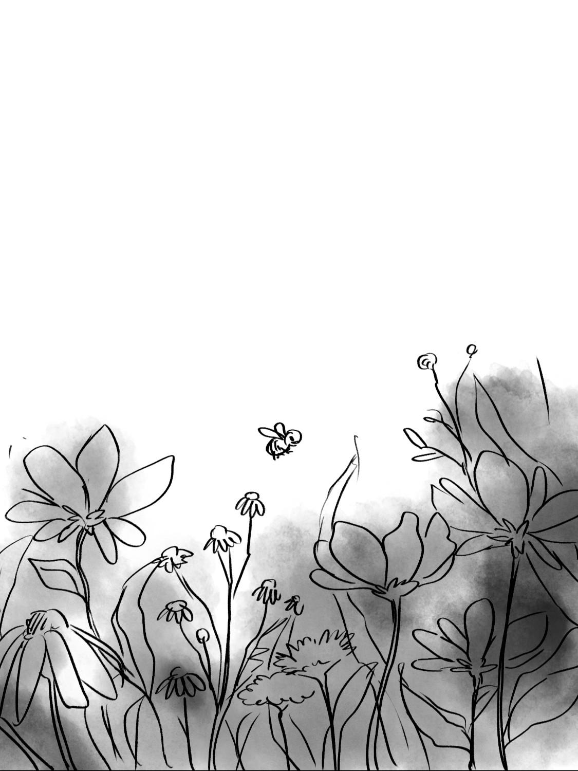 Schwarz-weiß-Zeichnung von Blumen und Bienen im unteren Bereich, der Rest des Bildes ist leer.