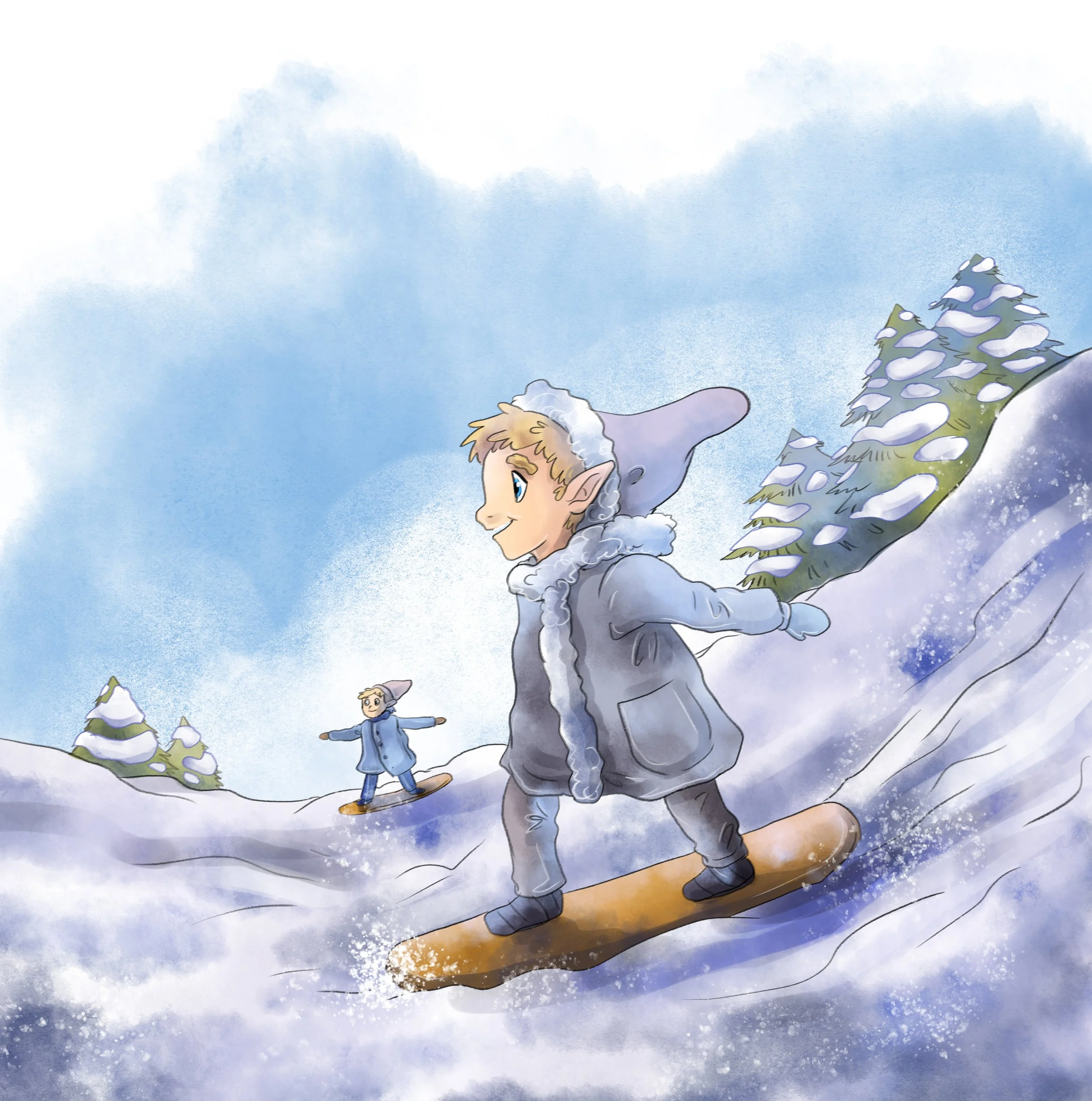 Ein kleiner Junge mit blauer Jacke steht auf einem Schneehügel, während ein Erwachsener hinter ihm auf einem Schneebrett steht, den Schnee aufwirbelt. Es ist winterlich mit verschneiten Bäumen im Hintergrund.