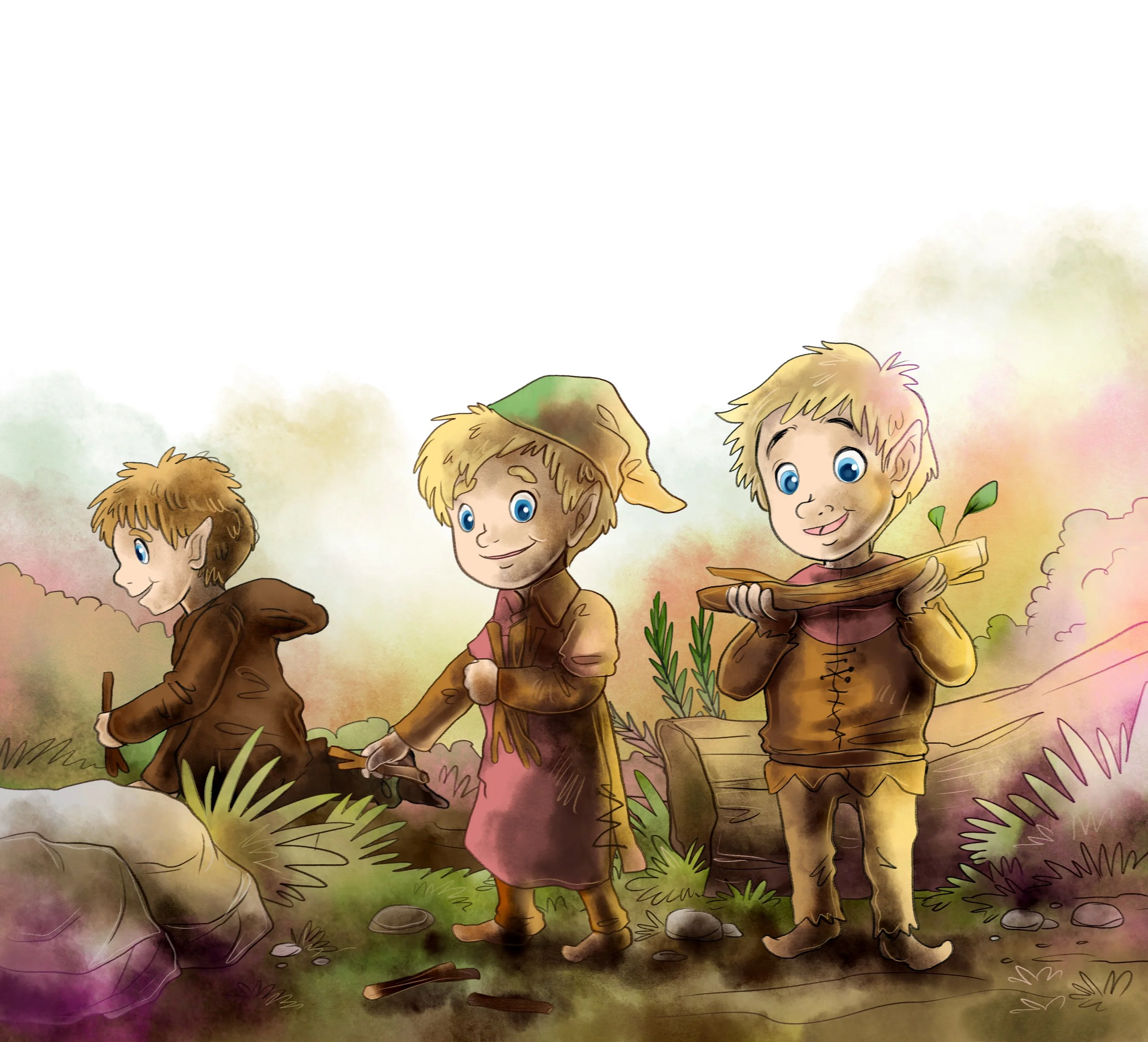 Illustration von vier lachenden Kindern in einem Wald, die Pilze sammeln.