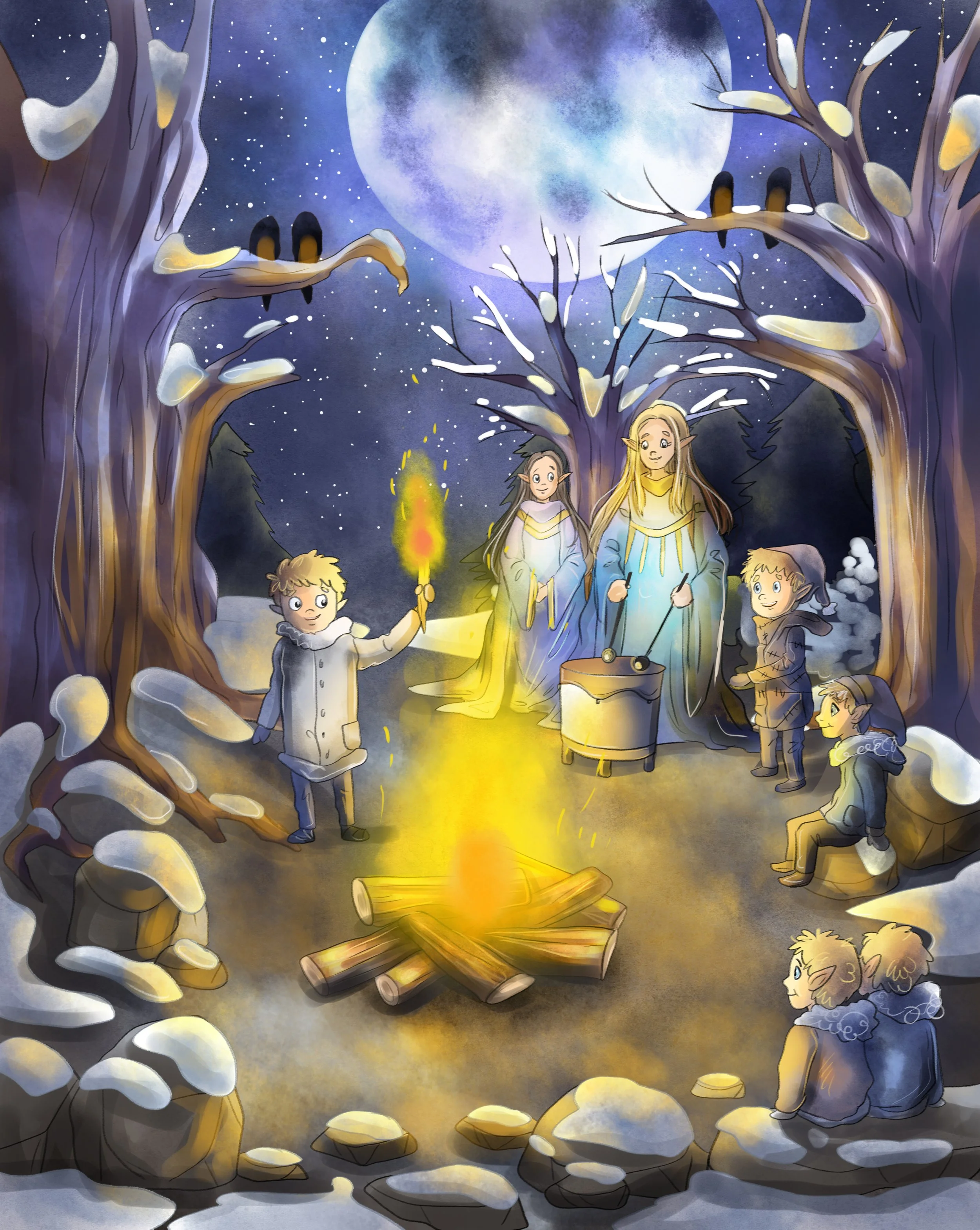 Eine zauberhafte Winternachtsszene mit Kindern, die um ein Lagerfeuer sitzen, umgeben von schneebedeckten Bäumen. Der Himmel zeigt eine große, leuchtende Vollmond und sternenbedeckten Himmel. Zwei Elf-ähnliche Figuren, ein Mädchen und ein Junge, stehen neben dem Feuer, das Wärme ausstrahlt.
