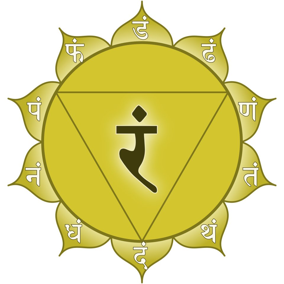 Ein Yantra mit einem Sri Yantra-Design und einem Silbenzeichen in der Mitte, umgeben von Sanskrit-Schriftzeichen auf Sechsecken.