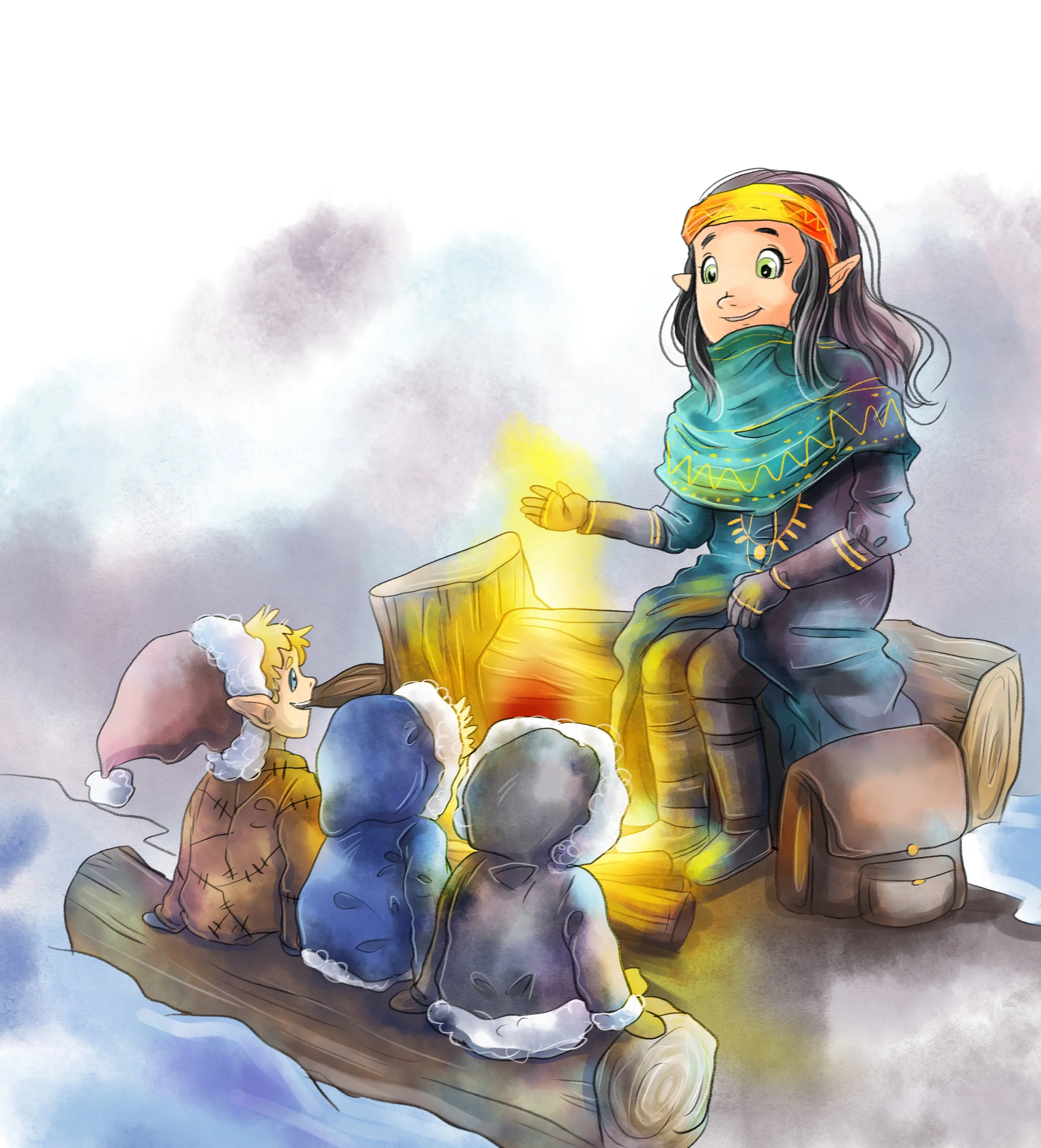 Ein fantasievolles Illustration einer Elfengestalt mit lila Haaren, grün umrandeten Augen, orange und gelber Stirnfranse, grüner Halskrause, schwarze Kleidung mit goldenen Akzenten, sitzt auf einem Baumstamm und hält eine kleine leuchtende Kugel. Vor ihr liegt ein kleines, schelmisch schauendes Fabelwesen mit Schafspelz, das einen orange-gelben Schal trägt.