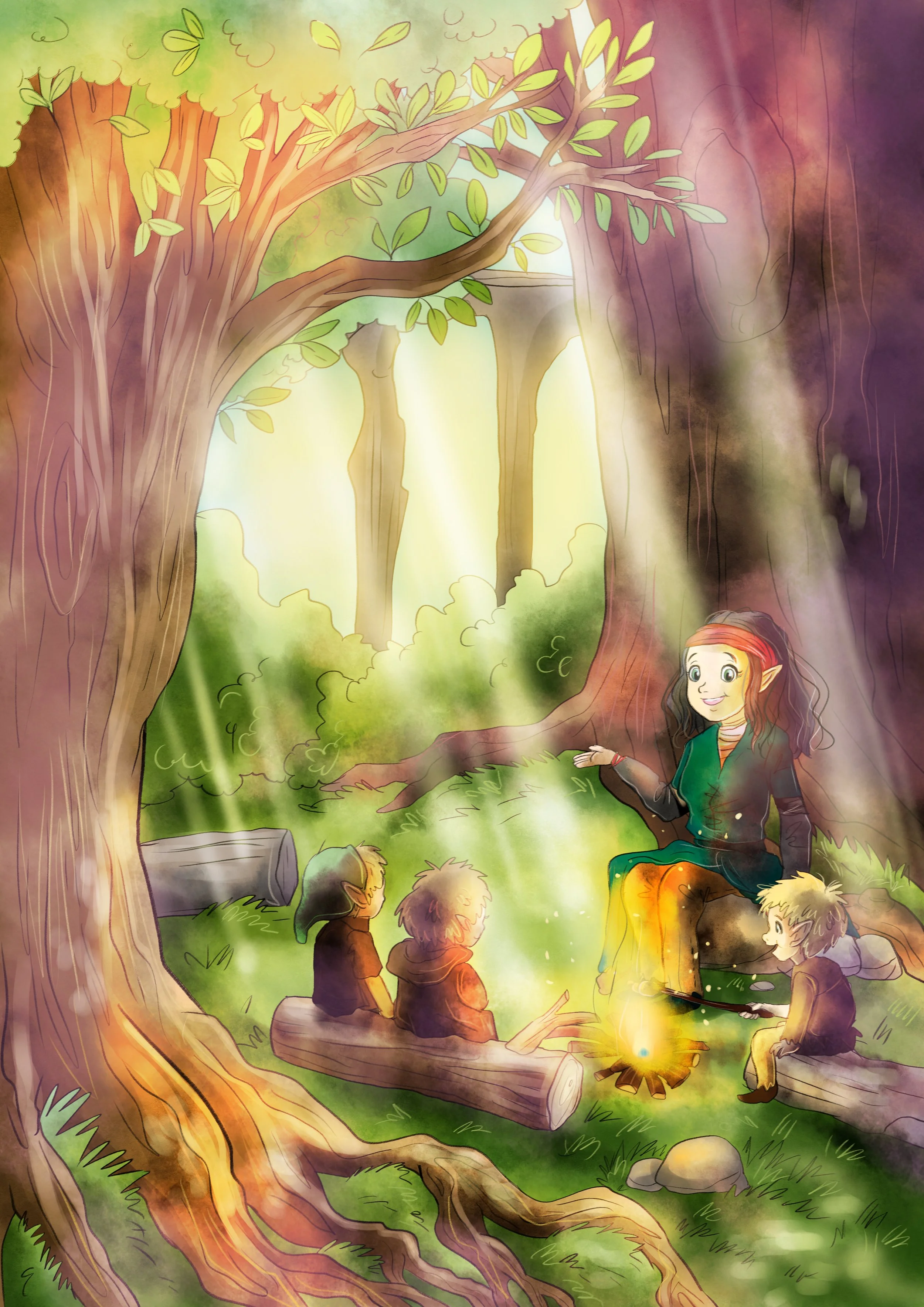 Eine magische Waldszene mit einer Elfe, die mit vier Kindern um ein Lagerfeuer sitzt. Die Elfe hat spitze Ohren und trägt grüne Kleidung. Das Feuer leuchtet warm, während Sonnenstrahlen durch die Bäume fallen.