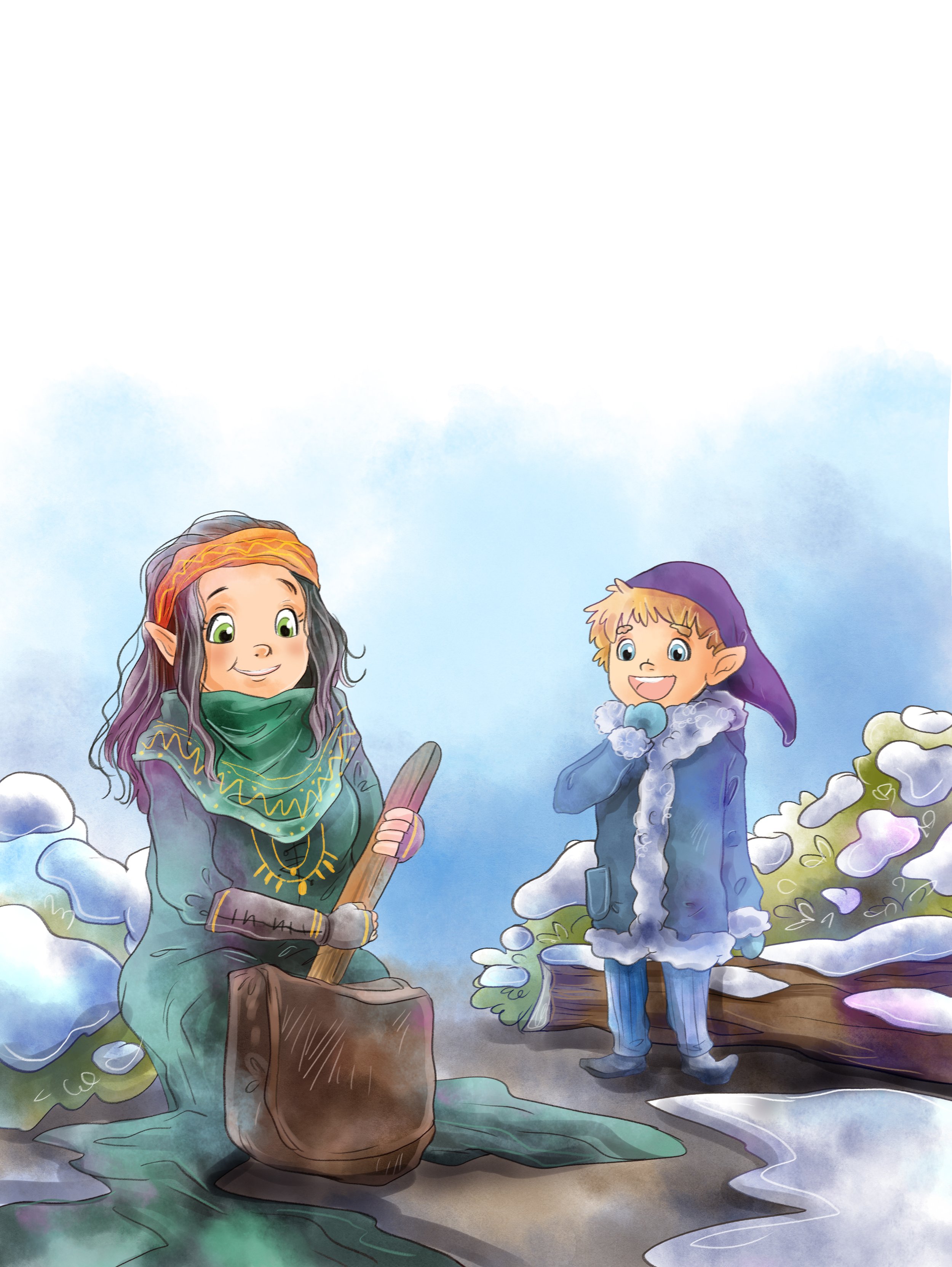 Zeichentrickbild von zwei fröhlichen Kindern im Schnee, eines mit einem Holzhammer und das andere mit Handschuhen, in einer verschneiten Landschaft mit einem Weg und Büschen.