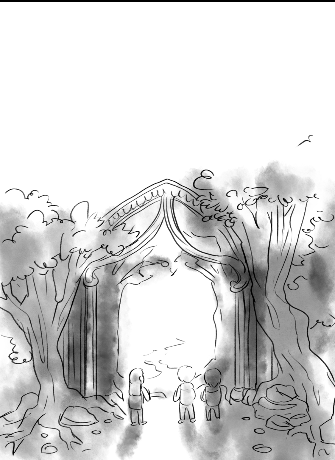 Skizze einer Naturkulisse mit Baum und Felsen, drei Menschen stehen vor einem hohen Tor unter einem Baum, Wolken ziehen am Himmel.