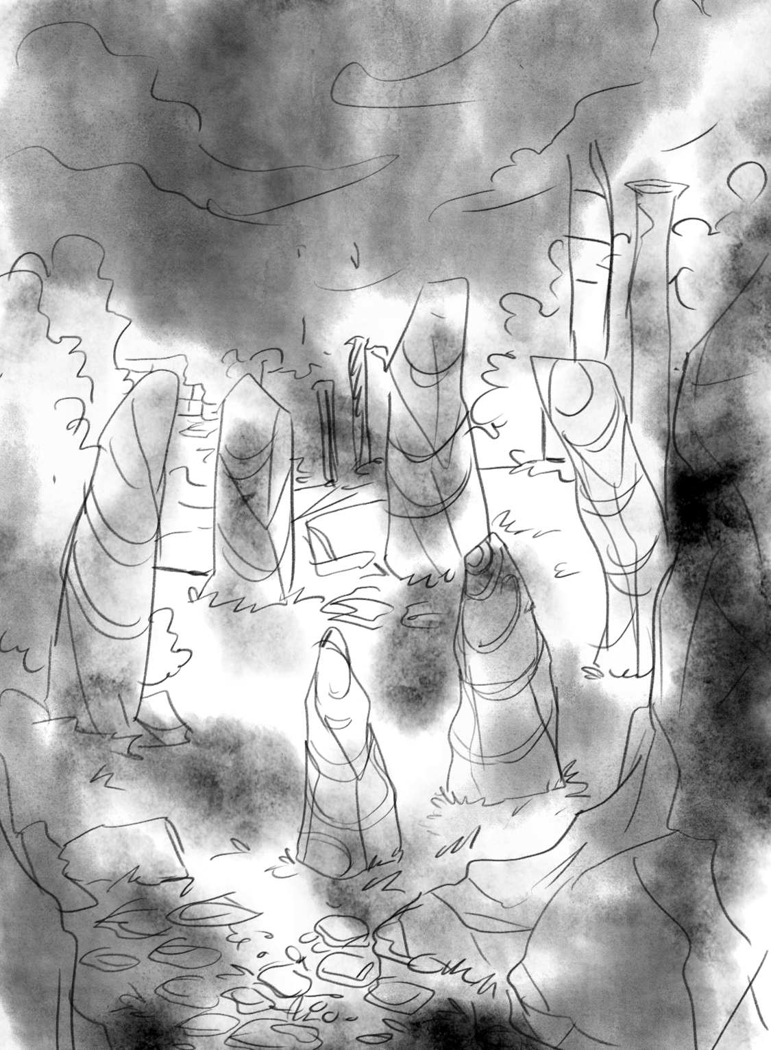 Skizzierte Illustration einer industriellen Landschaft mit Rauch, Fabrikschornsteinen und Bäumen.