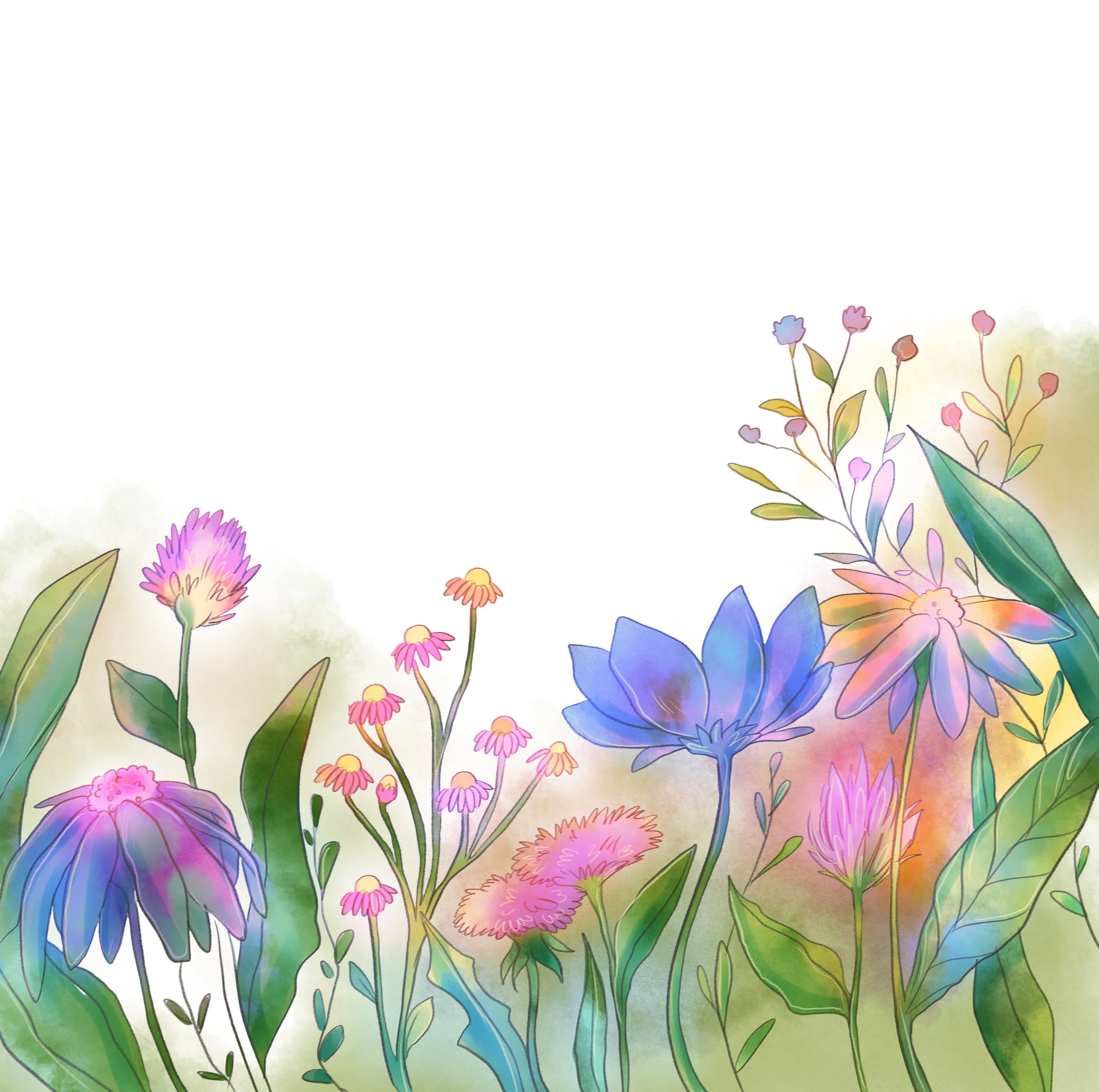 Aquarellartige Blumenillustration mit bunten Blumen und grünen Blättern am unteren Rand auf weißem Hintergrund.