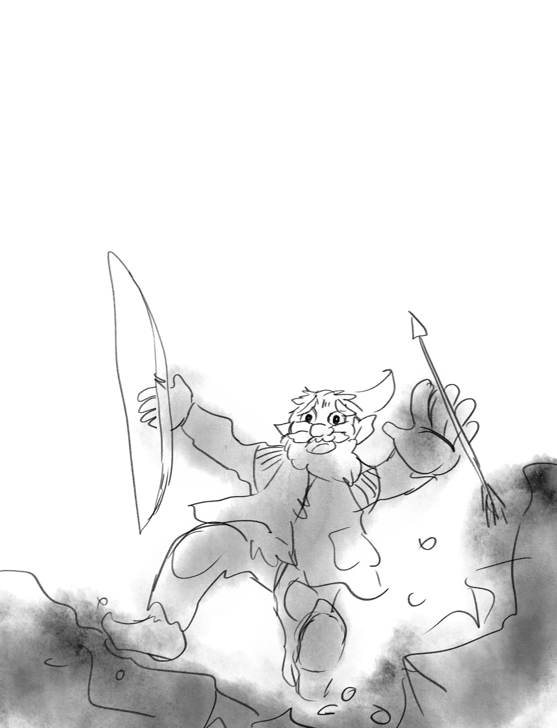 illustration eines kleinen, bärtigen Wesens mit Pferdeschwanz, das in eine Schlucht springt, mit Bogen in der Hand und Pfeil, in schwarz-weiß gezeichnet.