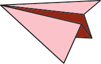 Pink paper airplane with a red interior, viewed from a side angle.