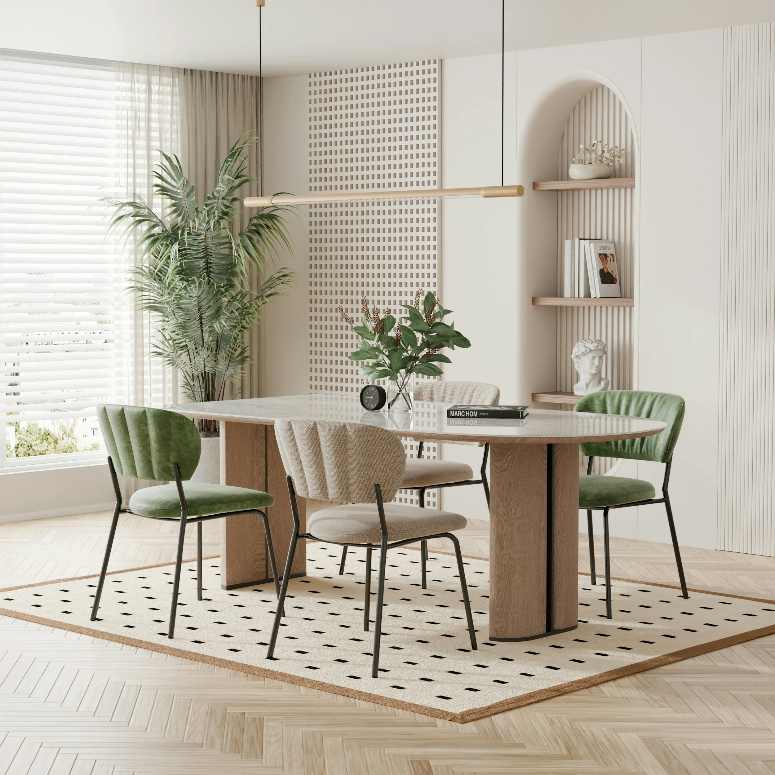 Blueprint Elite Realty — Georgia's luxury boutique real estate brokerage —Staged dining room with a marble table, green and beige upholstered chairs. A patterned rug on light wooden floors, with a wall featuring a built-in shelf and grid design.