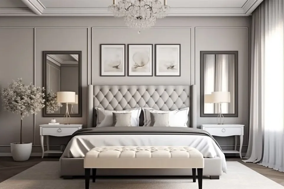 Blueprint Elite Realty — Georgia's luxury boutique real estate brokerage — Staged luxury bedroom with king-sized bed, tufted headboard, white bedding, matching nightstands with lamps, and chandelier.