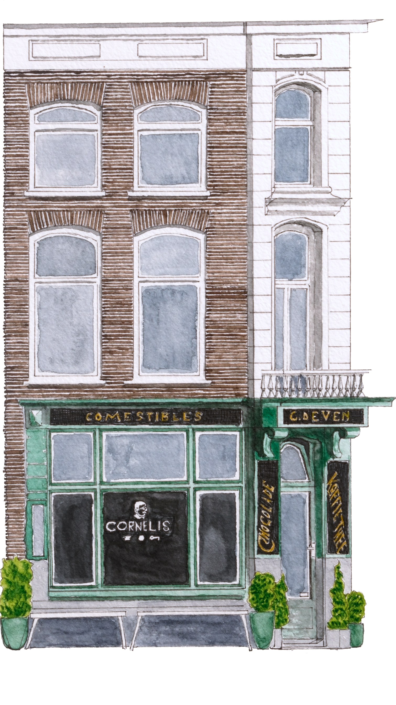A watercolor illustration of a three-story urban building with a storefront on the ground floor and residential windows above. The storefront has signs reading 'Comestibles,' 'Goeven,' and 'Cornelis,' with a black door featuring a skull logo. The building has brick and white facade sections, with small potted plants in front.