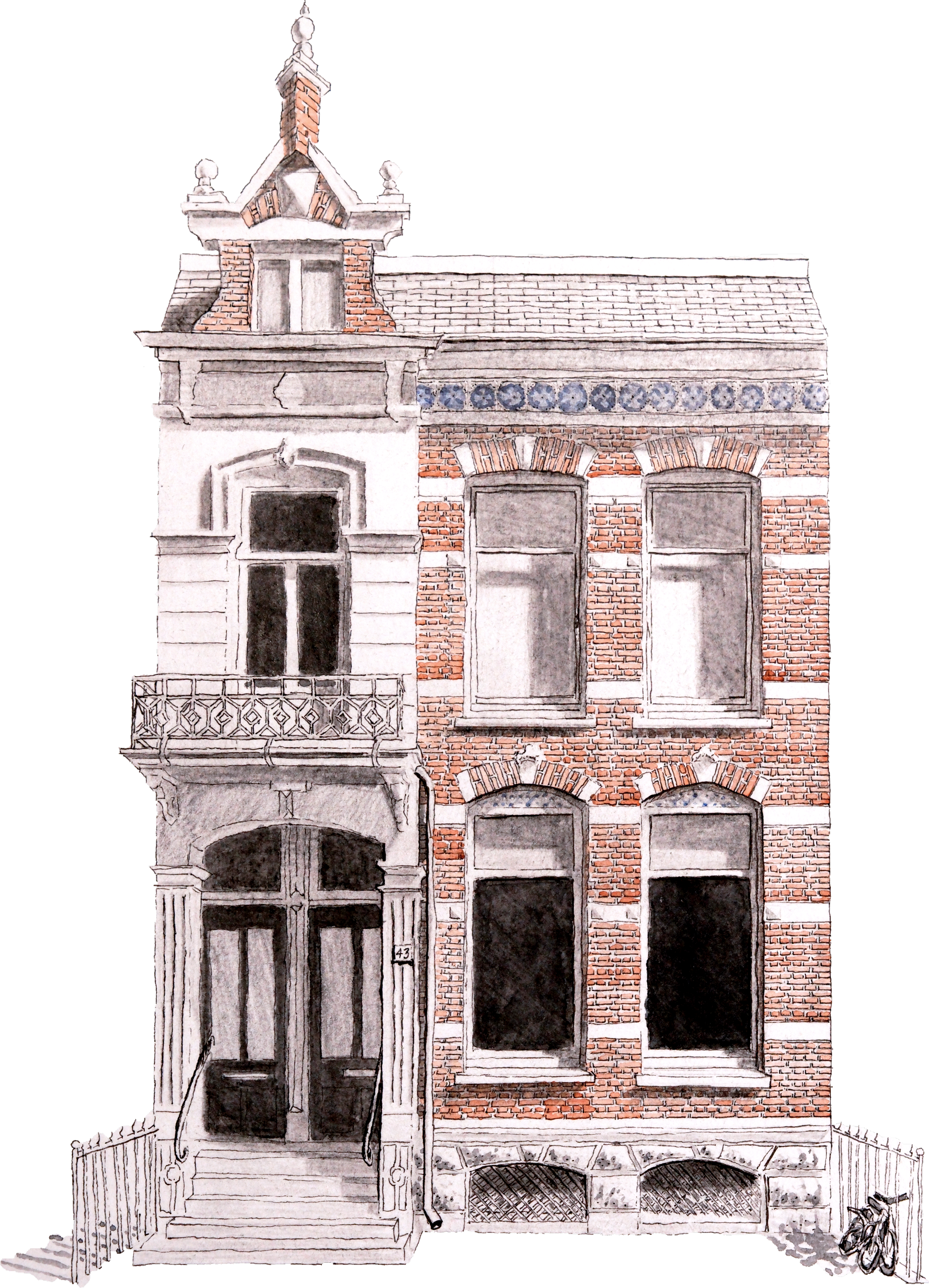 Watercolor illustration of a Victorian-style brick house with a front porch, arched windows, decorative brickwork, and a small balcony with a wrought iron railing, with a bicycle parked to the right.
