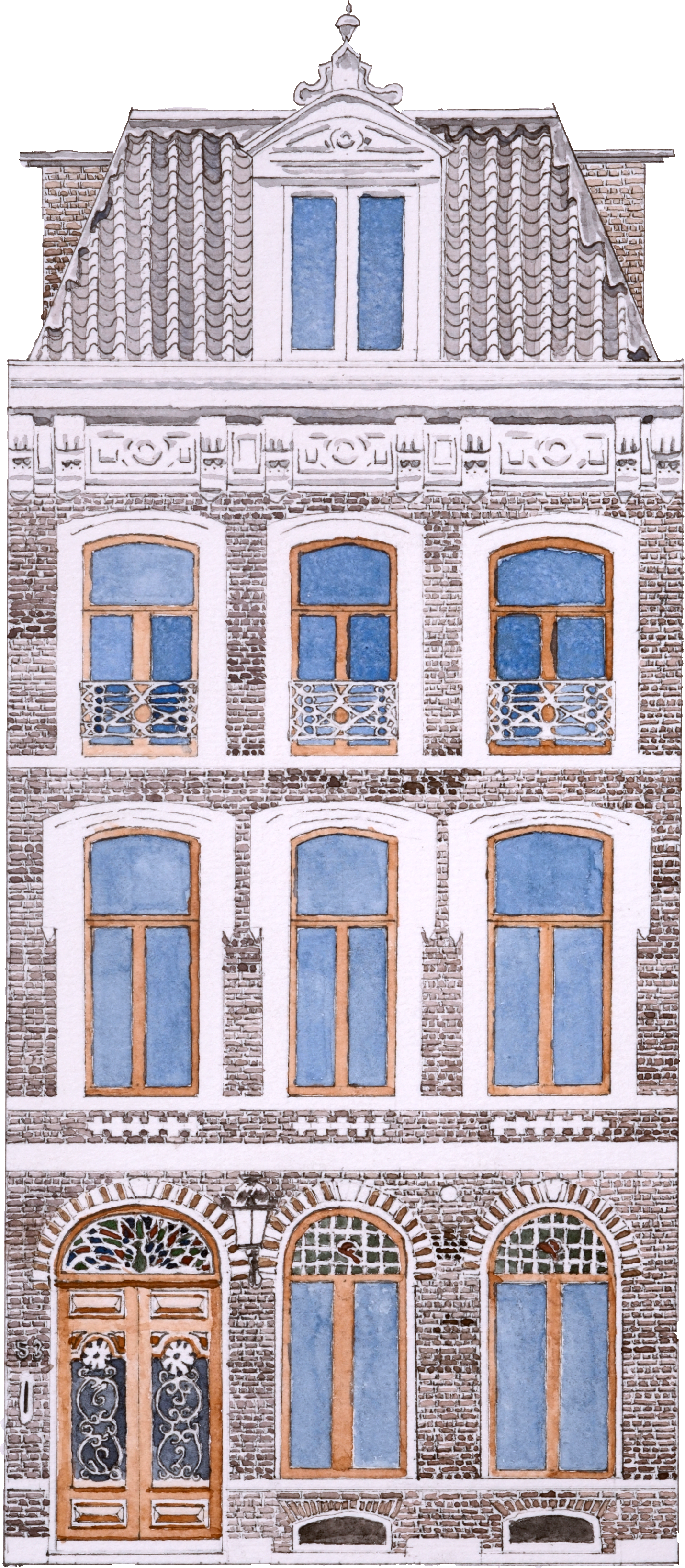 Watercolor painting of a historic brick building with arched windows and decorative stone details, featuring a gabled roof with dormer windows.