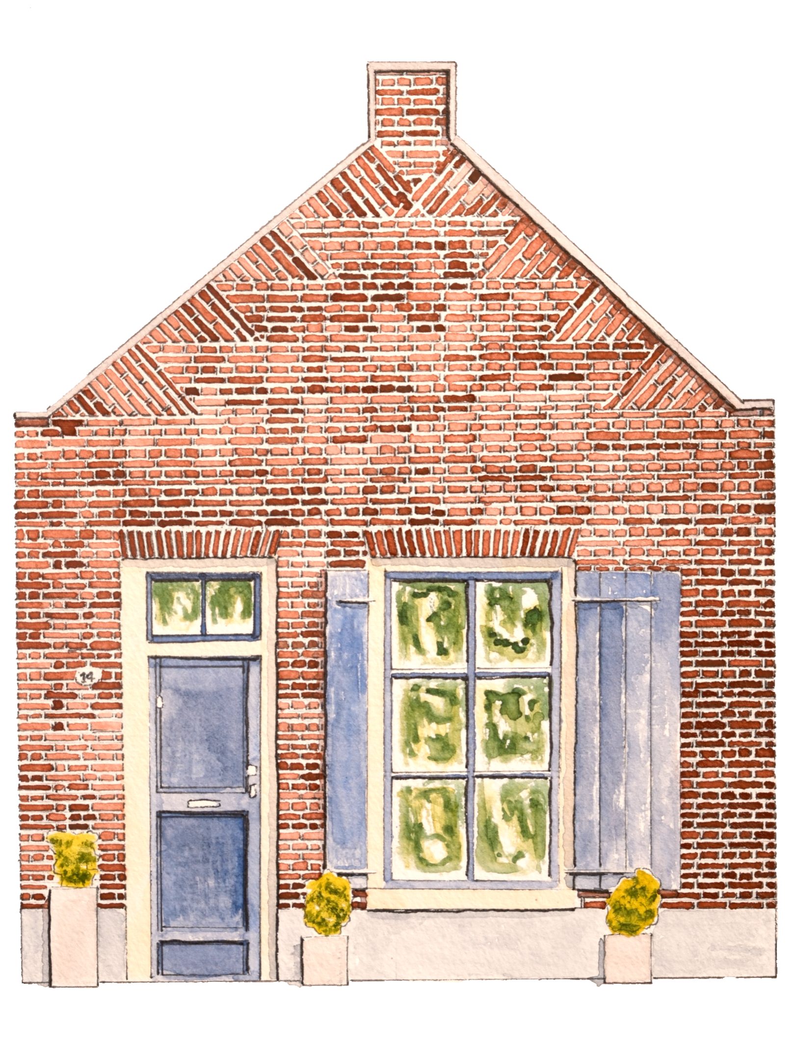 Watercolor painting of a brick building facade with a blue door, large front window, small potted plants, and a rectangular window on the right.