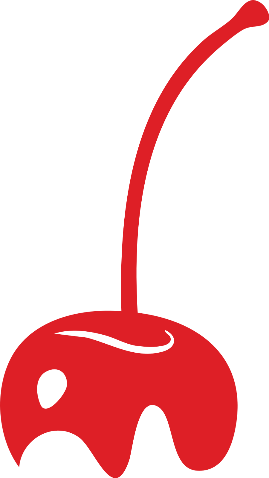 A stylized red cherry with a stem that resembles a skull with hollow eyes and nose holes.
