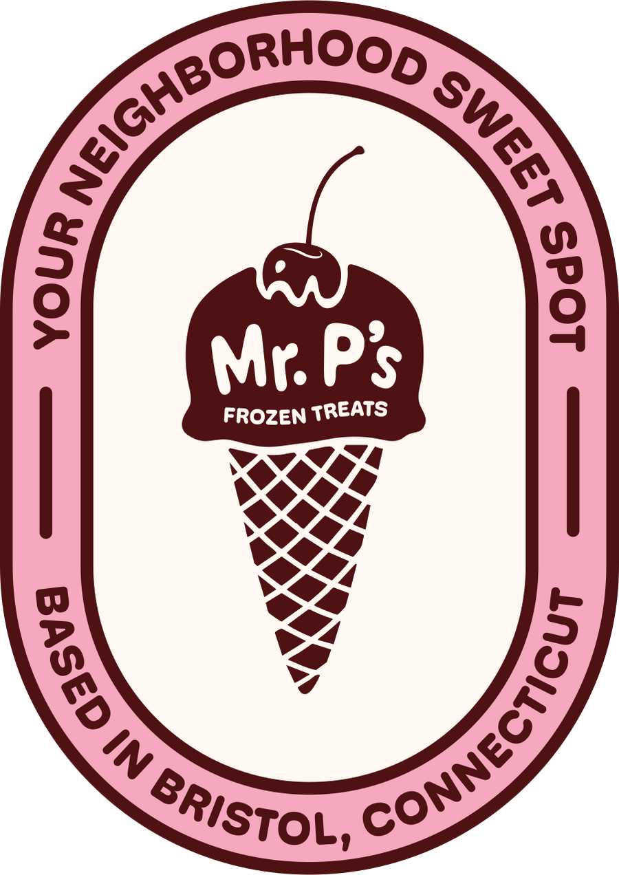 Sign for Mr. P's Frozen Treats in Bristol, Connecticut, with a logo of an ice cream cone topped with a cherry and the text "Mr. P's Frozen Treats."