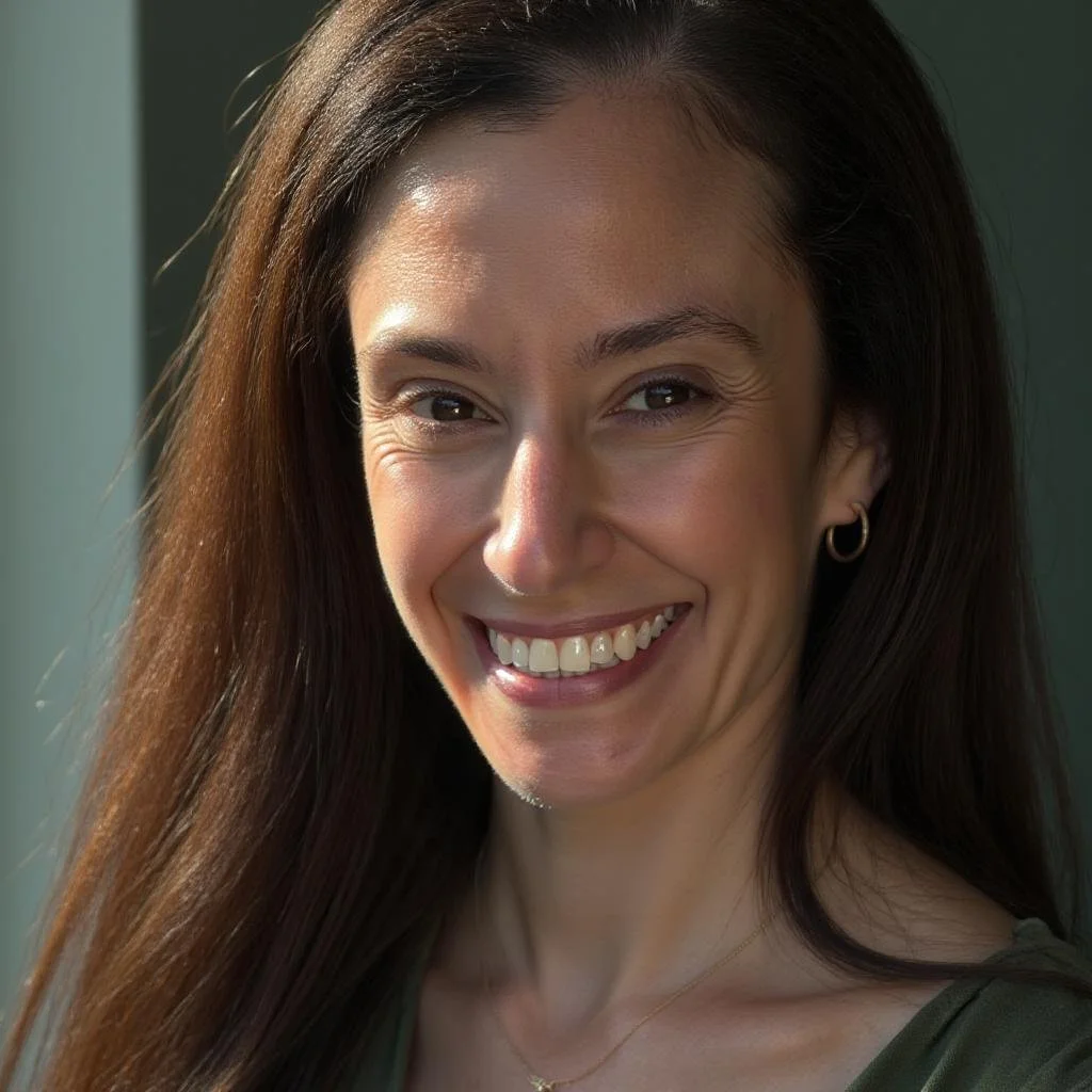 Close-up of Dr. Weiner, a woman with long brown hair smiling, wearing earrings and a necklace, in natural light.