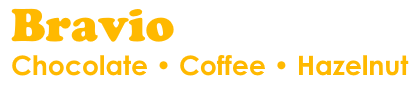 Text logo with the words 'Bravio', 'Chocolate', 'Coffee', and 'Hazelnut' in yellow on a black background.