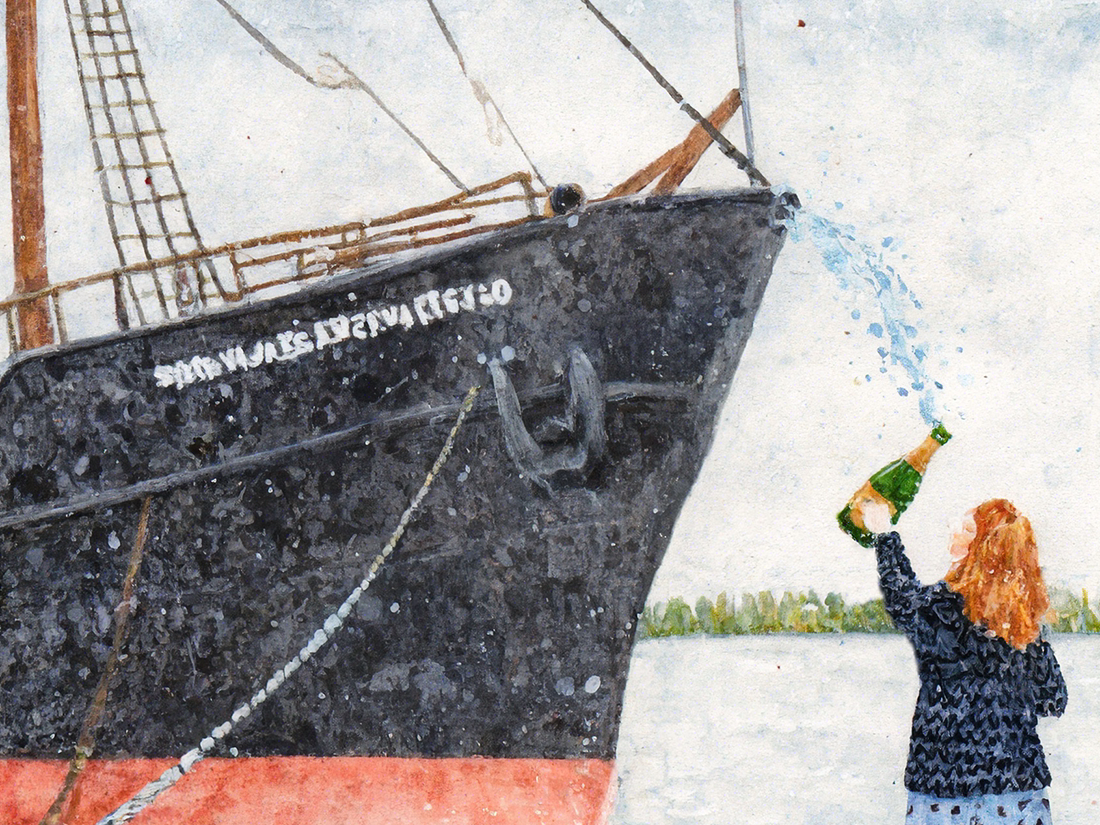 A woman with red hair drinking a beer next to a large ship at a harbor.