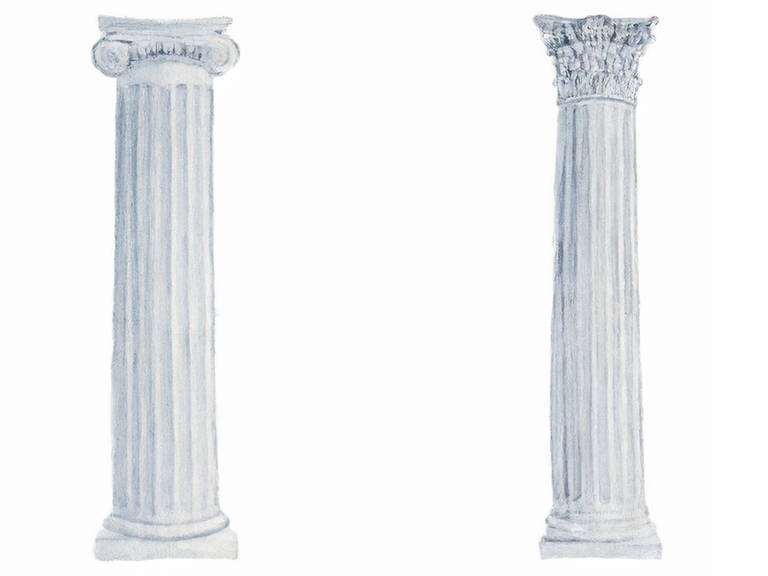 Two classical Greek columns, one with an Ionic capital and the other with a Corinthian capital.