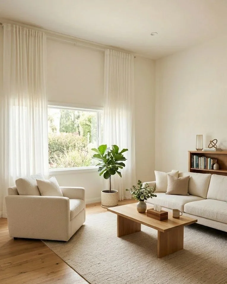 A living room with beige sofas, a wooden coffee table with decor, a large potted plant, a window with white curtains, and a bookshelf on the wall.